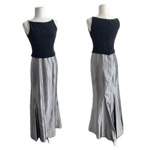 Vintage 90s Cachet Metallic Black Silver Sleeveless Twofer Gown Women's Size 4